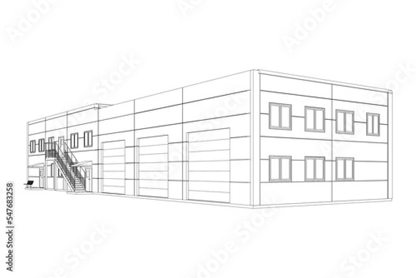 Obraz Vector wireframe perspective of Сar service exterior. 3D vector model of building isolated on white background.
