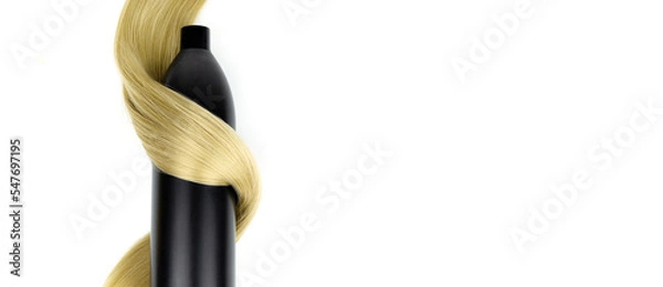 Obraz Different professional hairdresser tools shampoo bottle and strand of blonde hair on white background, flat lay. Background for a beauty salon.