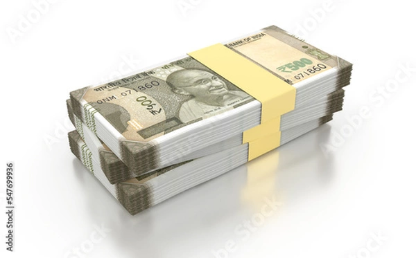 Obraz Indian Rupee 500 Currency Note Bundles isolated on White Background - 3D Illustration