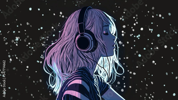 Fototapeta Beautiful anime girl floating in space with stars, listening to lofi hip hop music with headphones.