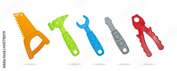 Fototapeta Toy repair tools isolated on white background. handsaw, hammer, wrench, screwdriver, hand pliers.