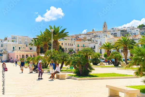 Obraz Vieste, Italy. View of the square at the promenade of Viale Marinai D'Italia in the town center. You can see palm trees and people walking by. September 5, 2022.