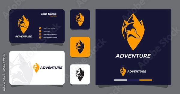 Fototapeta Wolf head and mountain adventure logo with business card template premium vector
