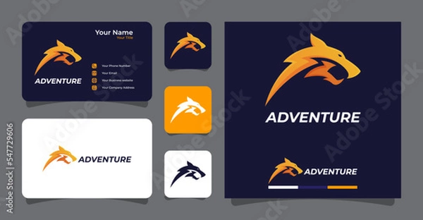Fototapeta Wolf head incorporated with lightning adventure logo with business card template premium vector
