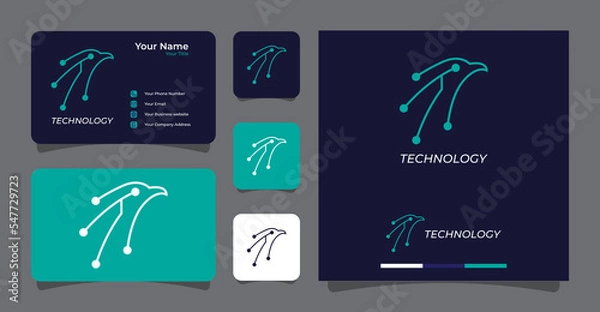 Fototapeta bird head and technology logo with business card template premium vector
