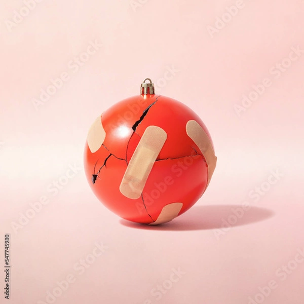 Fototapeta Creative composition with broken red Christmas bauble repaired with patch on pastel pink background. Xmas accident minimal concept.