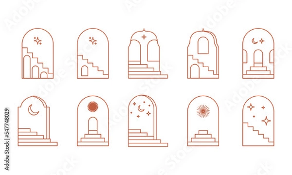 Fototapeta Boho arch with staircase. Minimal surreal doors with stairs. Bohemian arch with stair. Boho line arch, staircase, mystic frames.