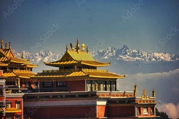 Obraz Sunset above valley Buddhist monastery Nepal in the Himalaya mountains