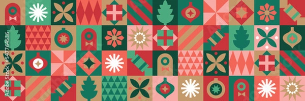 Obraz Christmas icons elements with geometric seamless vector pattern for wrapping paper, background, wallpaper. Holiday season, modern, contemporary abstract design.