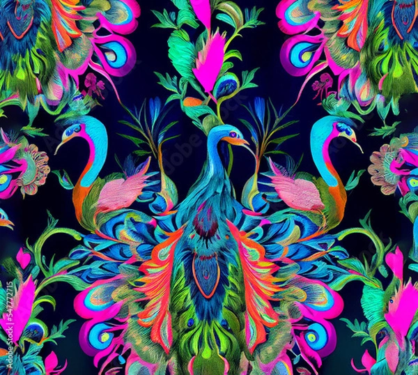 Fototapeta Chinoiserie peacock pattern, colorful bright and fun pattern