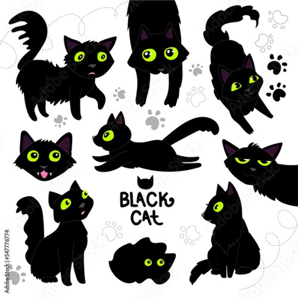 Obraz Vector illustration set of black playful black cats. Background for fabric, wallpaper, design. Children's illustration.