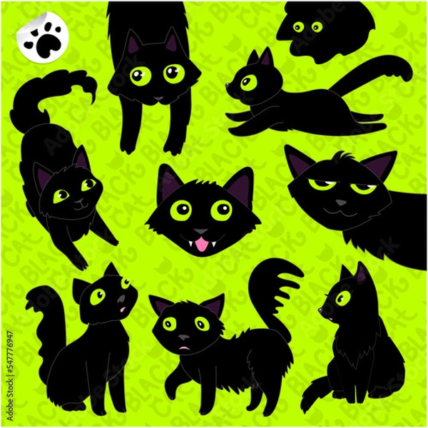 Obraz Vector illustration set of black playful black cats. Background for fabric, wallpaper, design. Children's illustration.