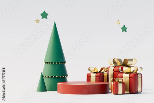 Fototapeta Christmas background concept with 3d podium for product presentation. Red, white and green geometric object on white background. 3d illustration.
