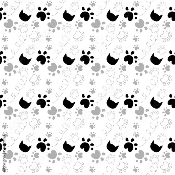 Obraz Vector pattern with cat footprints. Black and white paw. Background for fabric, wallpaper, design. Children's illustration.
