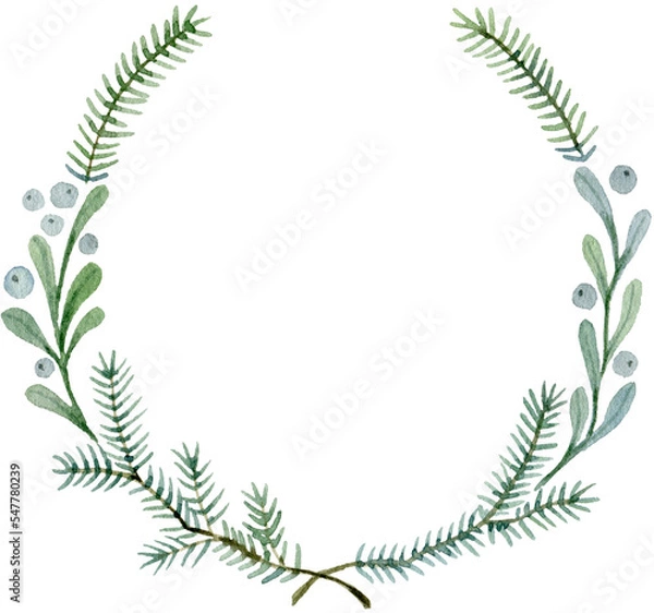 Obraz Green wreath made of fir tree branches, leaves and berries. Watercolor illustration isolated on white.