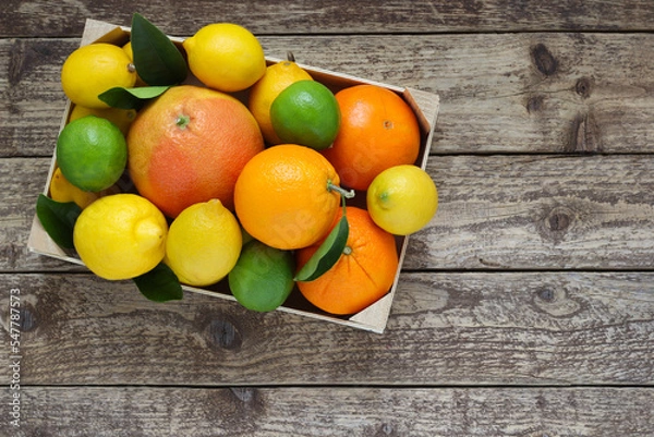 Fototapeta Mix of citrus fruits. Oranges, grapefruit, lemons and limes with leaves in box on wooden background. Top view. Photo from above.