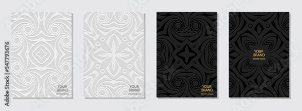 Fototapeta Cover set, vertical templates. Collection of embossed geometric backgrounds with original 3D pattern, tribal texture. Trendy boho style, doodle and zentangle, press paper. Ethnic motives. 