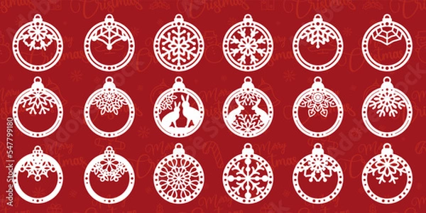 Fototapeta Big set of New Years decorations - balls with rabbits and snowflakes. New Year theme. Template for laser cutting. Vector illustration.