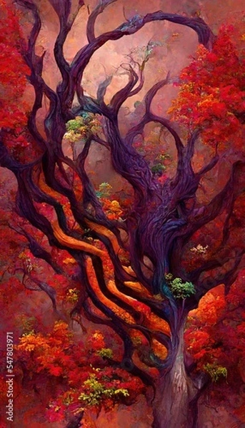 Fototapeta Abstract magical fantasy woods - vibrant autumn fall colors, misty fog and sacred old towering fantasy trees in strange and unusual curvy shapes.
