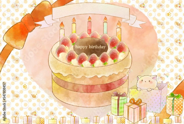 Obraz 誕生日ケーキ子猫のメッセージカードイラスト(横向きversion)