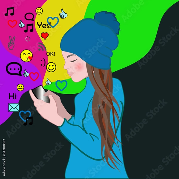 Fototapeta Young girl surfing the Internet using a smart phone. Online search, communication and social network. Cartoon vector illustration.