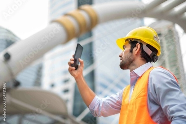 Fototapeta Caucasian man engineers use a smartphone for talking, wearing an orange vest and a big hard hat, and the other hand holding the white floor plan in the site work of the center city.