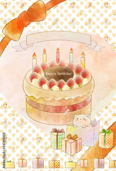 Obraz 誕生日ケーキ子猫のメッセージカードイラスト(縦向きversion)