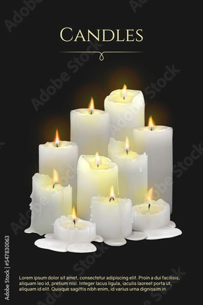 Fototapeta Banner with realistic burning white candles on a black background. 3d candles with melting wax, flame and halo of light. Vector illustration with mesh gradients. EPS10.