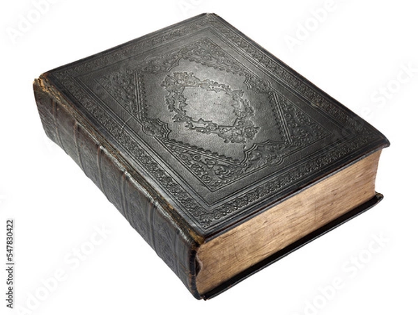 Fototapeta Antique book with embossed black binding and edge gilding viewed obliquely isolated on a white background