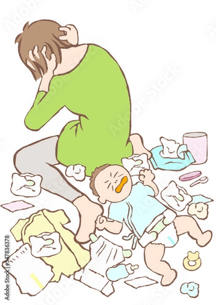 Fototapeta 頭を抱える育児ノイローゼの若い女性と泣き叫ぶ赤ちゃんのイラスト
