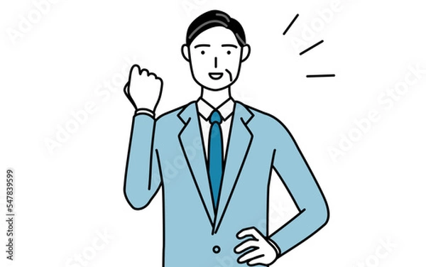 Fototapeta ガッツポーズをするシニアビジネスマン、経営者・管理職・社長のシンプルな線画イラスト