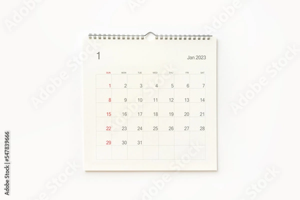 Fototapeta January 2023 calendar page on white. Calendar background for reminder, business planning, appointment meeting and event.