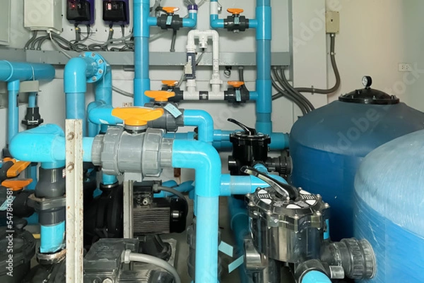 Fototapeta Image background of inside mechanical room of pipeline system for saltwater swimming pool.