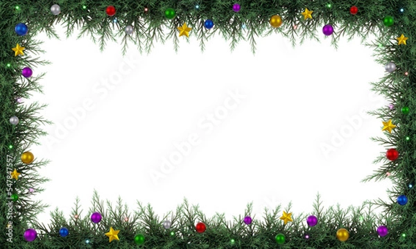 Fototapeta Christmas horizontal frame decorated with colorful balls and glowing lights. Realistic rendering.