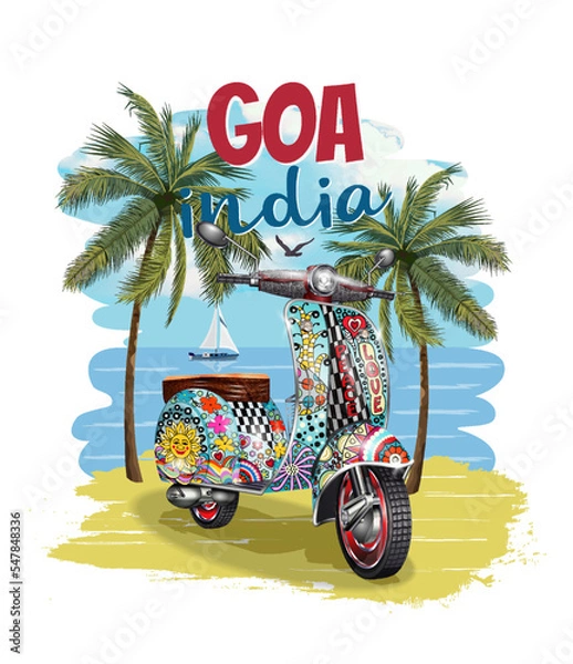 Fototapeta GOA,India typography for t-shirt print with beach,palm and retro scooter.Vintage poster.