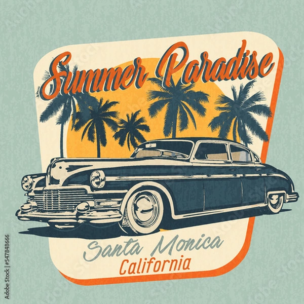 Obraz Summer Paradise California vintage poster. Retro car on the beach.
