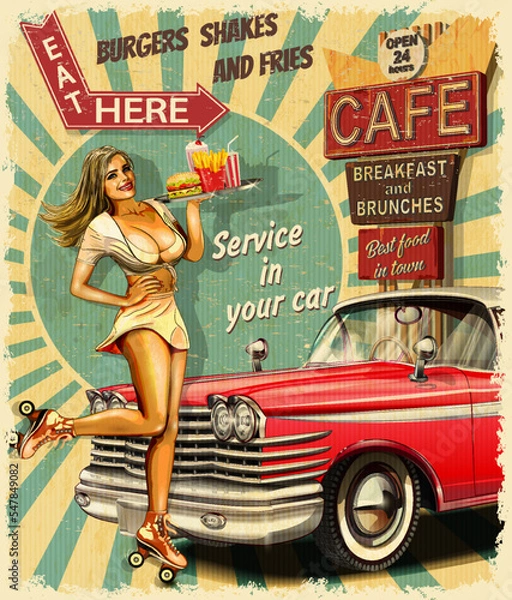 Fototapeta Vintage  poster  with waitress on roller skates and retro car.1950s style diner waitress.