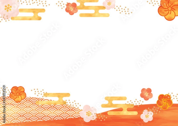 Fototapeta 華やかなお正月の上下フレーム_和風水彩②