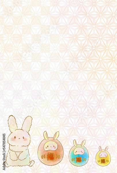 Obraz 年賀状ハガキのうさぎと達磨　　(コピースペース有り版&縦ver)