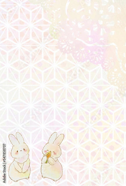 Obraz 年賀状ハガキの2匹のうさぎ　(コピースペース有り版&縦ver)