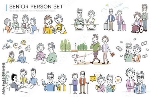 Fototapeta ベクターイラスト素材：シニア、人物セット、高齢者、老人、コレクション
