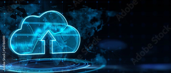 Fototapeta Cloud computing technology and online storage concept with digital cloud icon with arrow up inside above blue circle on dark background with blank place and world map silhouette. 3D rendering, mockup