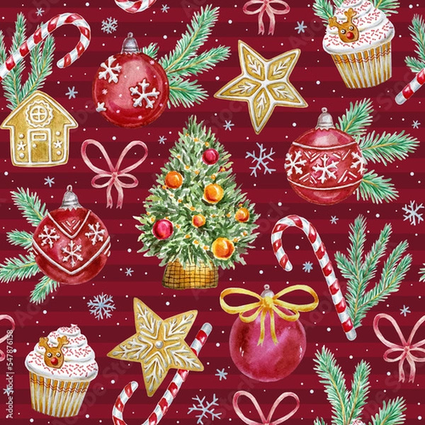 Fototapeta Red Christmas seamless pattern with ornaments, Christmas tree, candy canes and sprouse branches. Hand painted watercolor pattern
