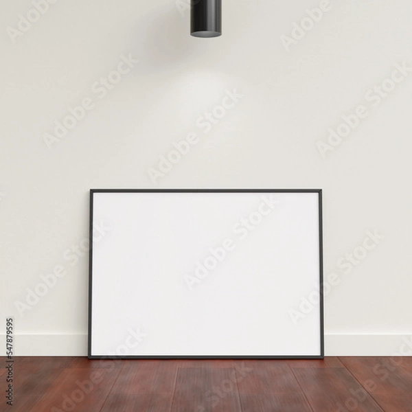 Fototapeta Minimal poster picture frame mockup leanings against the white wall. Blank frame mockup. Clean, modern, minimal frame. 3d rendering.