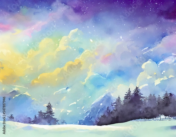 Fototapeta landscape with clouds and sun, frozen lake with sunset, winter, frozen, Christmas, greeting card, invitation, landscape, background, backdrop, illustration, digital