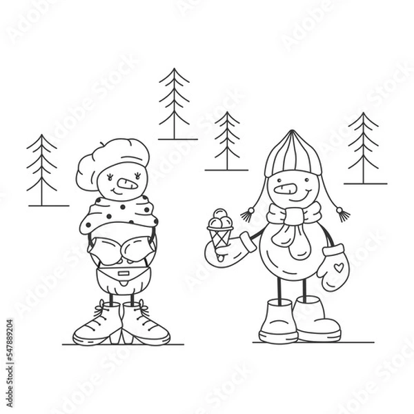 Fototapeta Cute snowmen on a romantic date, Christmas, winter, new year