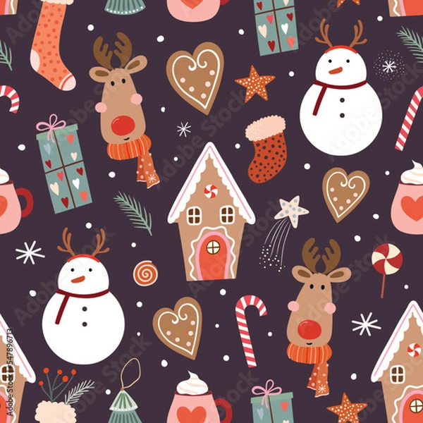 Fototapeta Christmas seamless pattern, wallpaper with seasonal winter design, Christmas  trendy wrapping paper with snowman, reindeer, candy and gingerbread house