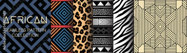 Fototapeta African collection of seamless patterns. Geometry, textures and signs. Ethnic aesthetic and african ornaments. Tribal designs, folk artworks and native style graphics. Black culture inspired.