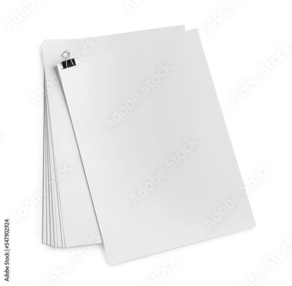 Fototapeta Blank sheets of paper with binder clip on white background, top view