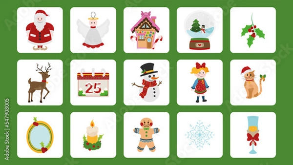 Obraz Big set of Christmas decorative elements and characters. Merry Christmas holiday collection. Cute vector illustrations. Santa Claus, gingerbread house, reindeers and more